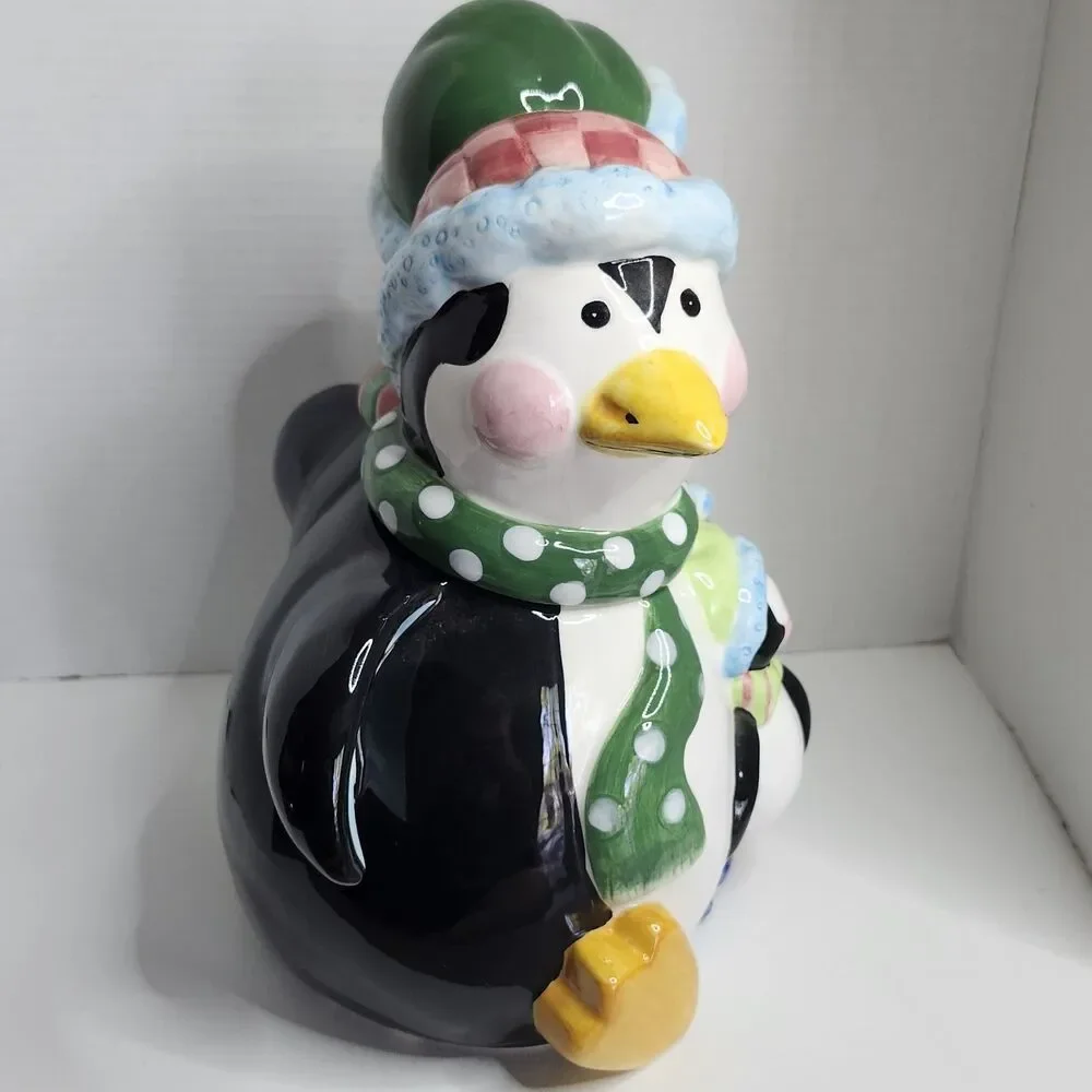Holiday Penguin Family Ceramic Cookie Jar Christmas Mercuries  12